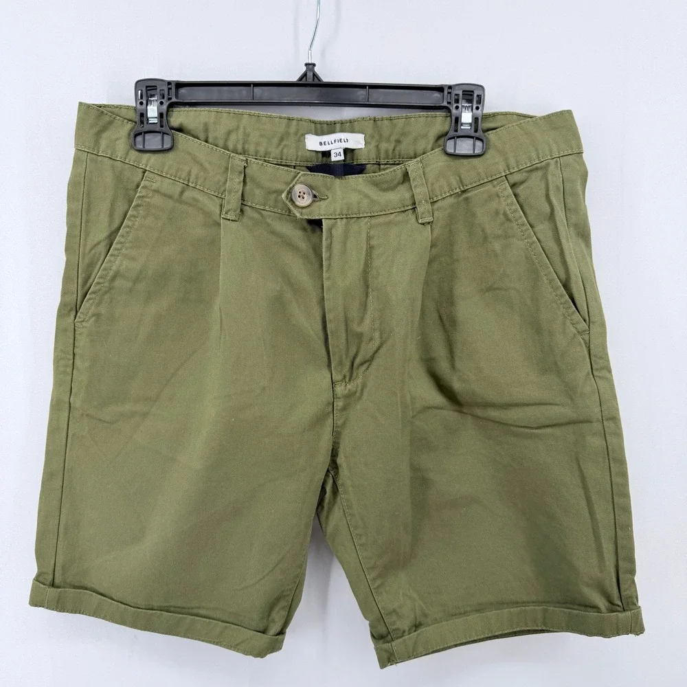 Bellfield Mens Olive Green Chino Shorts Size 34 Cotton Twill Cuffed